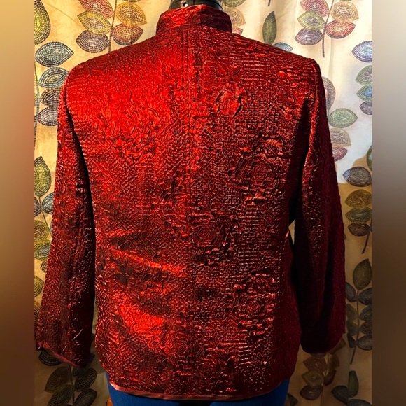 Laura Ashley Rich Red Shimmered Textured Blazer Rhinestone Zipper - Picture 3 of 9